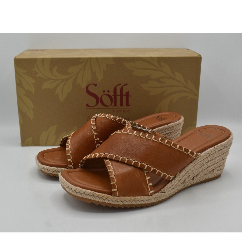 Sofft Women Size 9.5 Indie Luggage Leather Espadrille Wedge Sandals Shoes